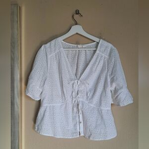 Joie White Cotton Eyelet Button Down Tie Front Top Boho Peasant Bohemian